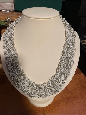 Silver & white Beaded Braided Statement Necklace